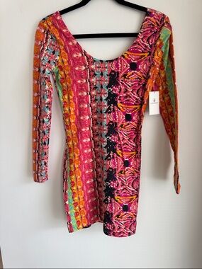 Volcom Pink Orange Multicolor Printed Long Sleeve Scoop Dress